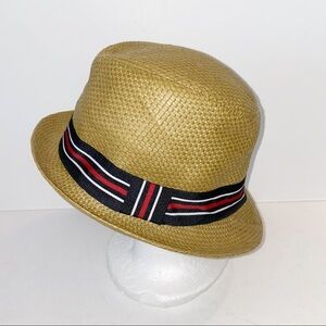 Woven Paper Fedora Tan With Red/White/Blue Ribbon Trim M/L